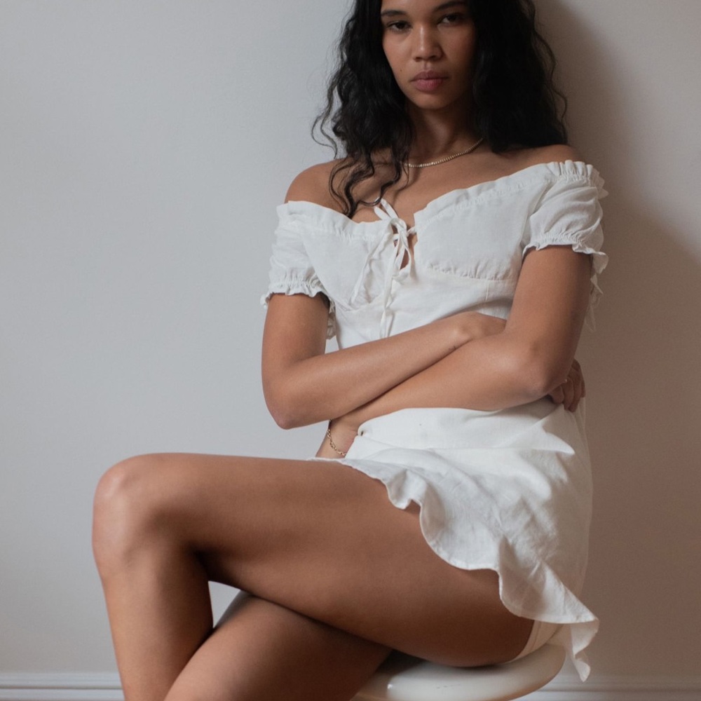 UO Magpie Off-the-shoulder Mini Cream Dress with Ruffle Hem